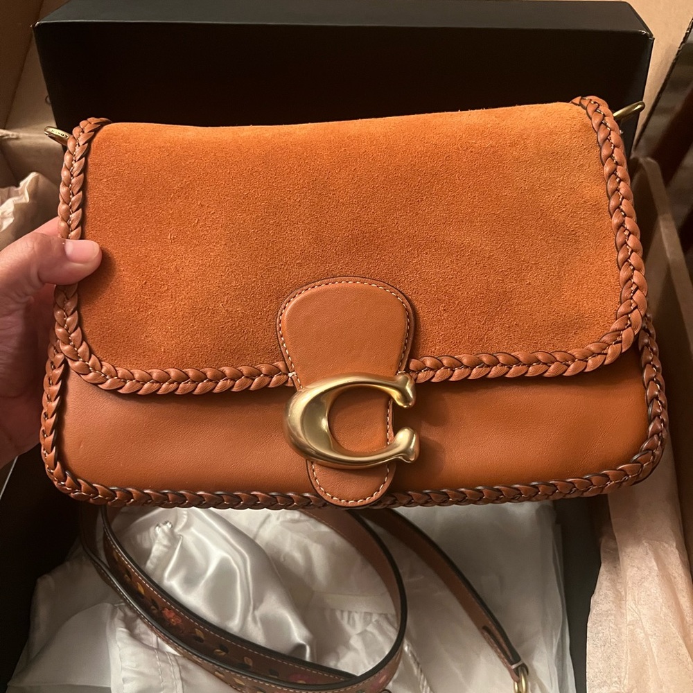 Coach Braided Flap Crossbody in Tan and Suede